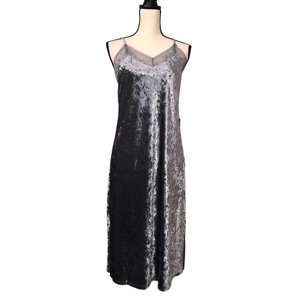Crushed Velvet Slip Dress Silver Gray Lace Trim Side Slits Dark Romance Size M